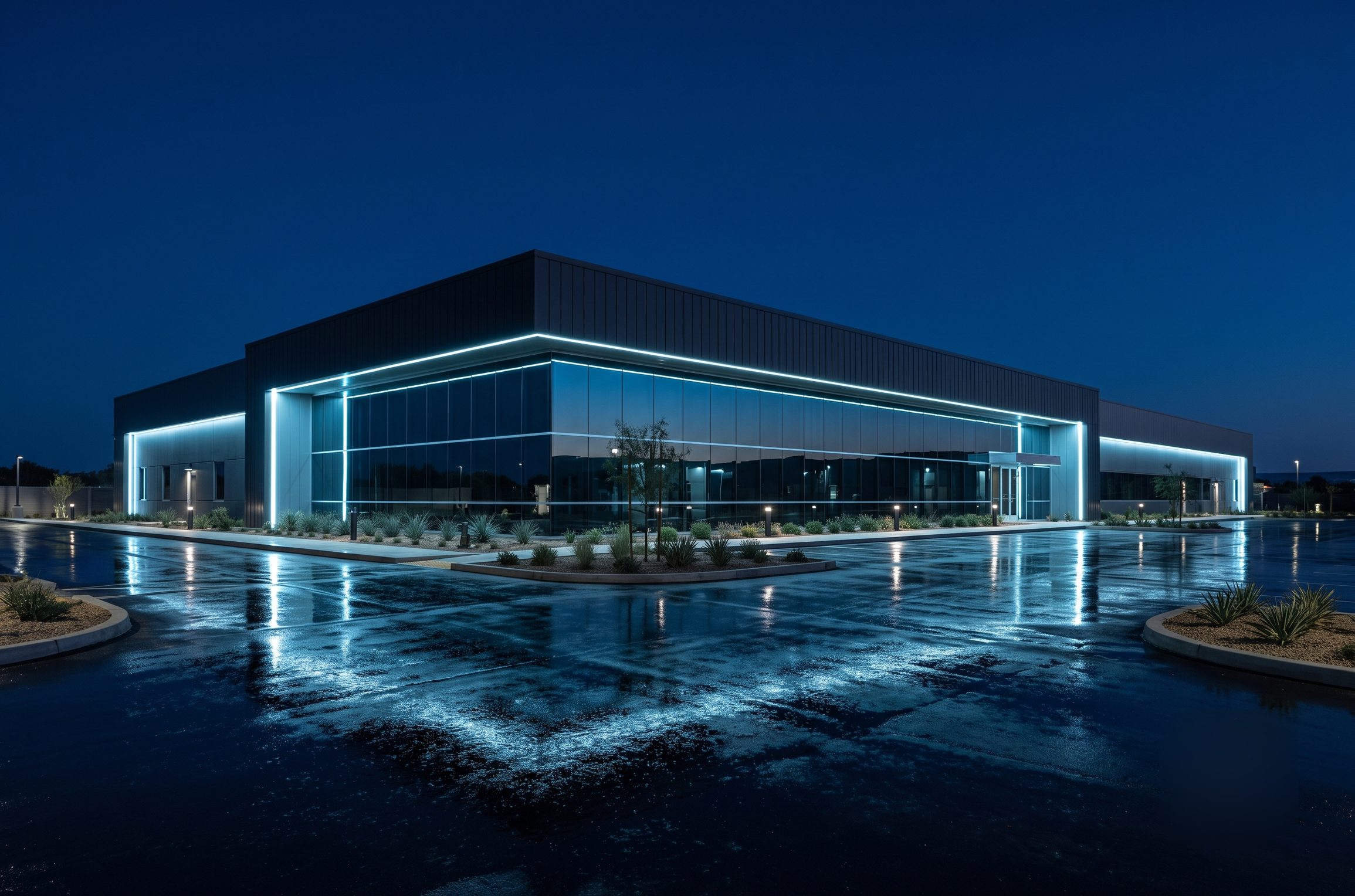 Gulf Data Hub facility exterior at night with reflections on wet ground