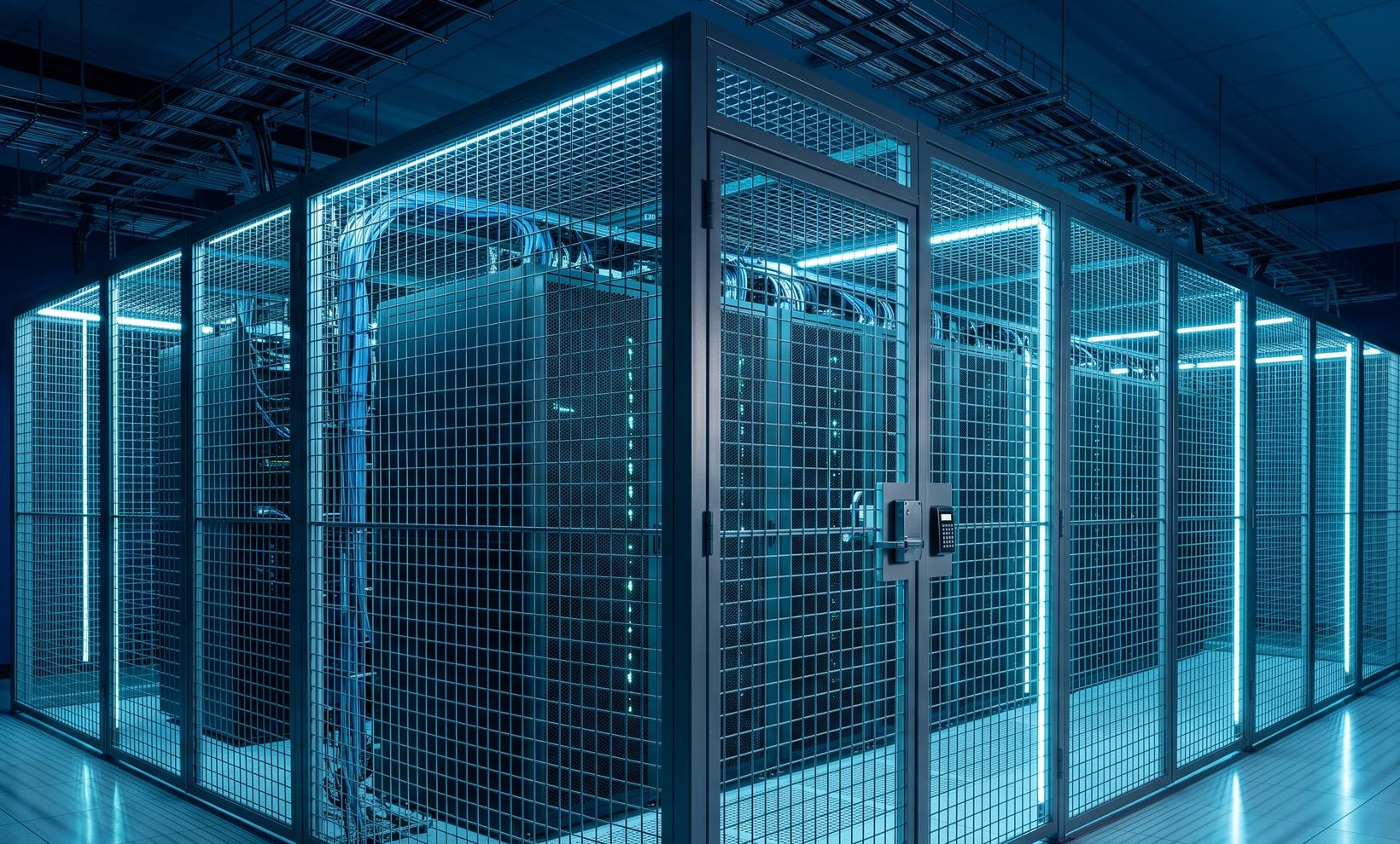 Secure mesh cage enclosing cabinets inside a data hall