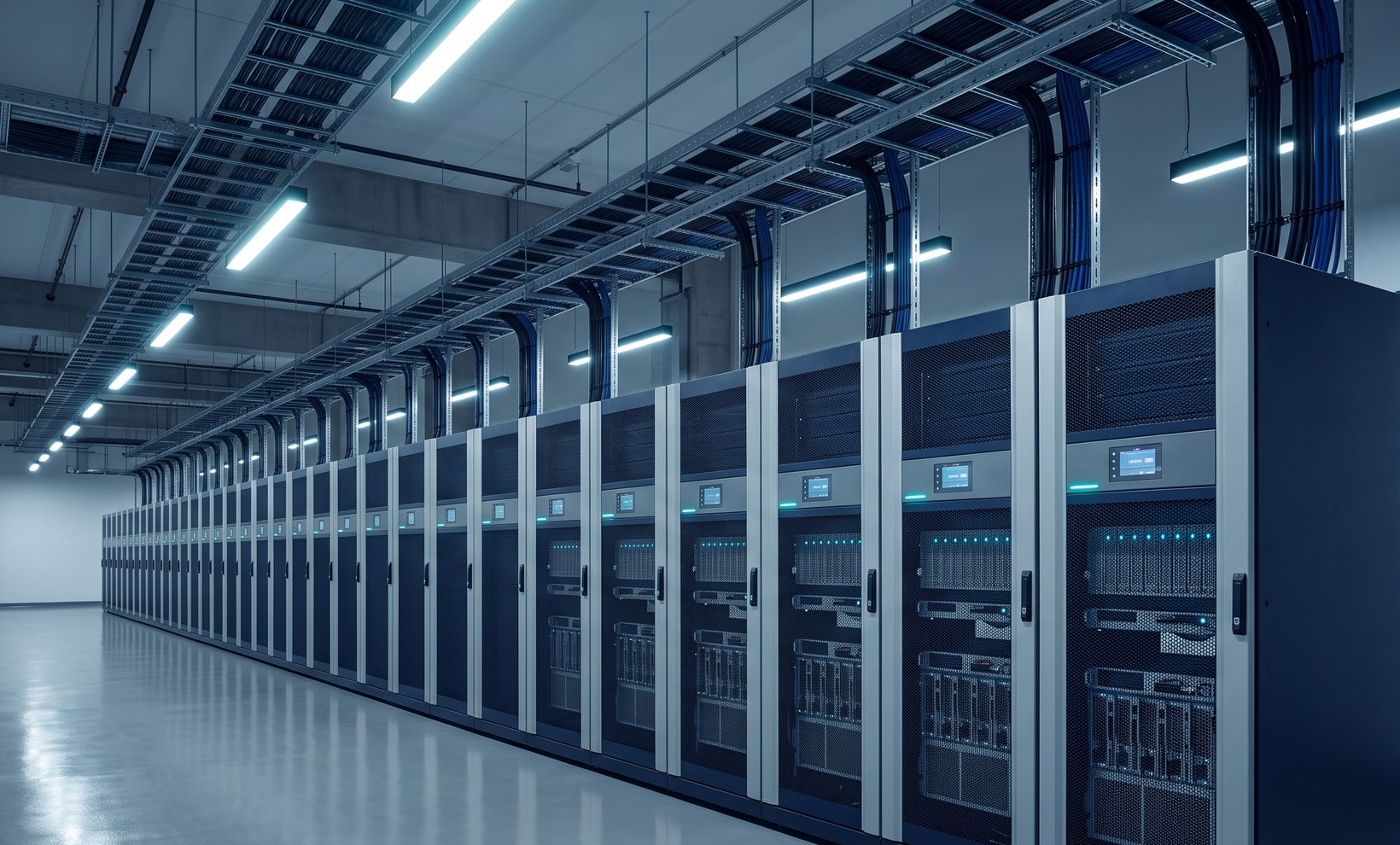 Row of power distribution cabinets in a clean electrical room
