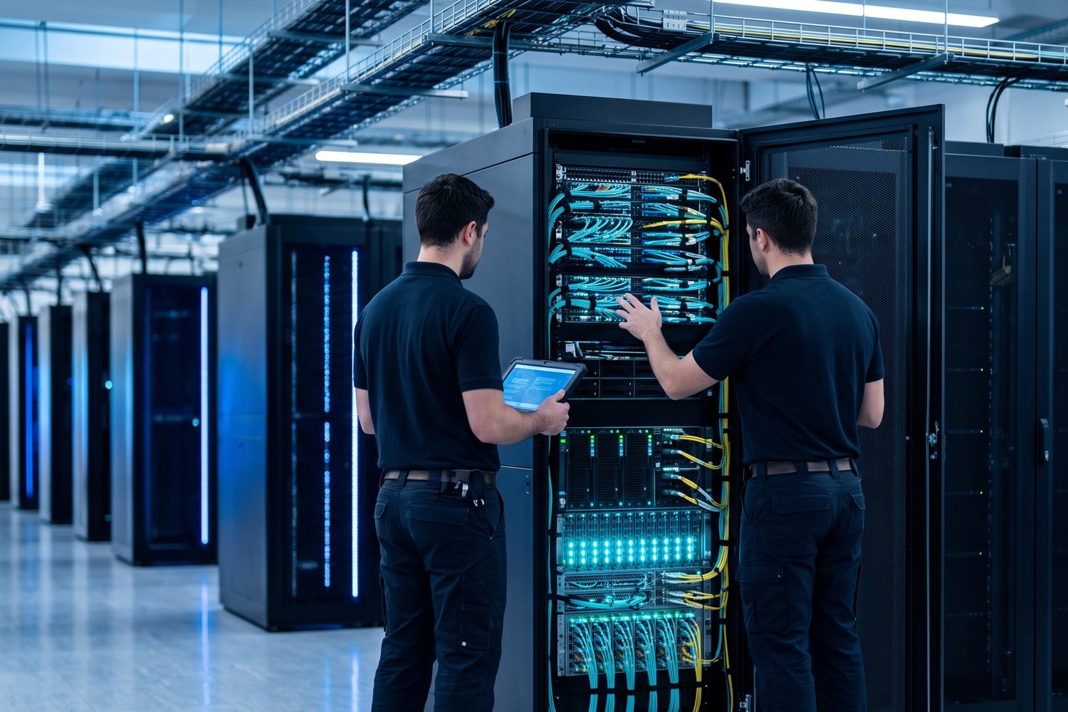 Engineers working at an open server cabinet