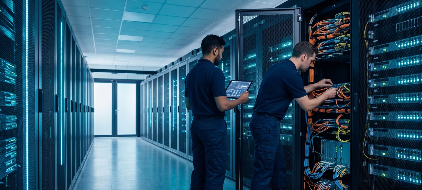 Illuminated cold aisle receding into a data hall