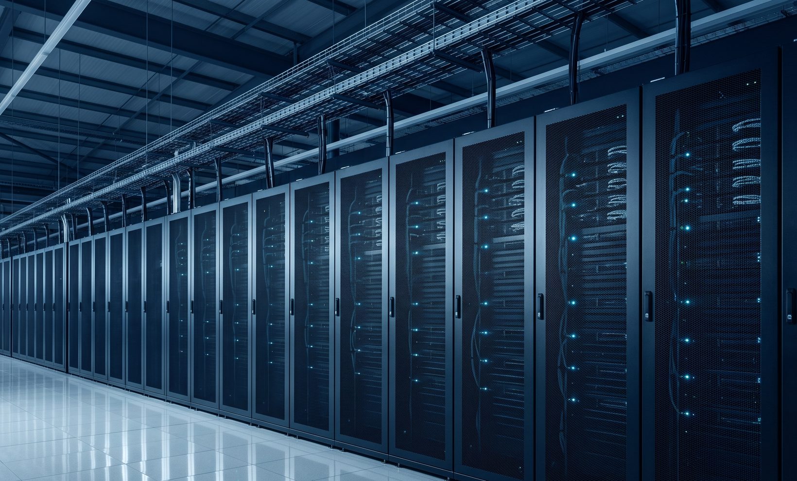 Long row of identical server cabinets showing scalable capacity