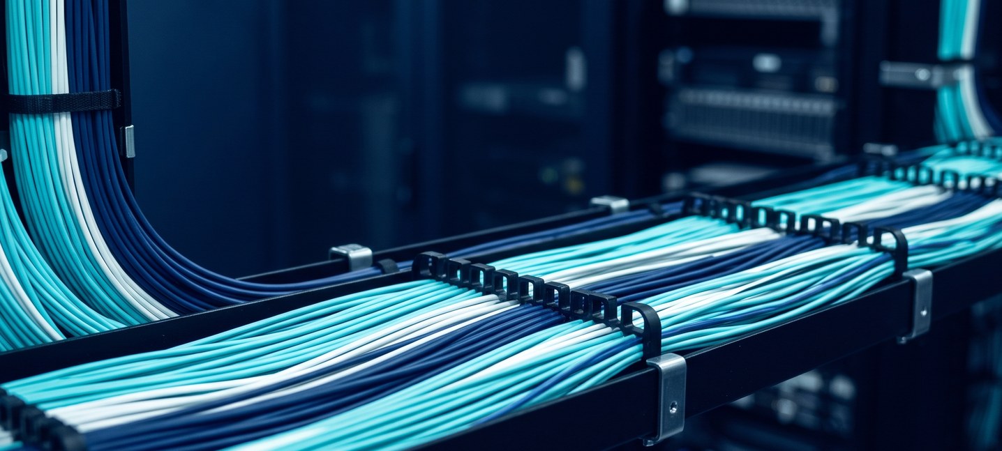 Fibre-optic cabling dressed in parallel runs along a cable tray