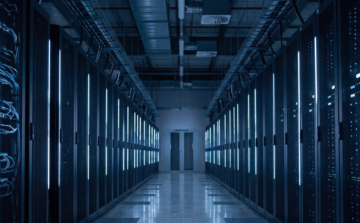 Data centre aisle with rows of illuminated server cabinets