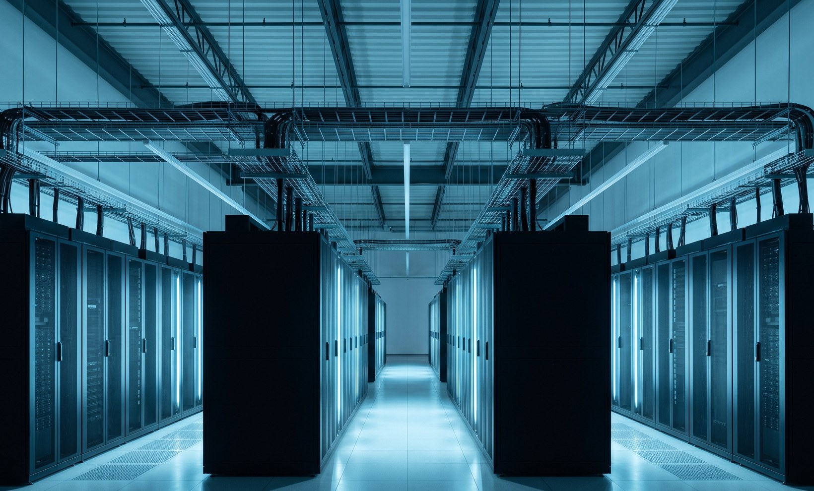 Wide data hall aisle lit by cool blue equipment lighting
