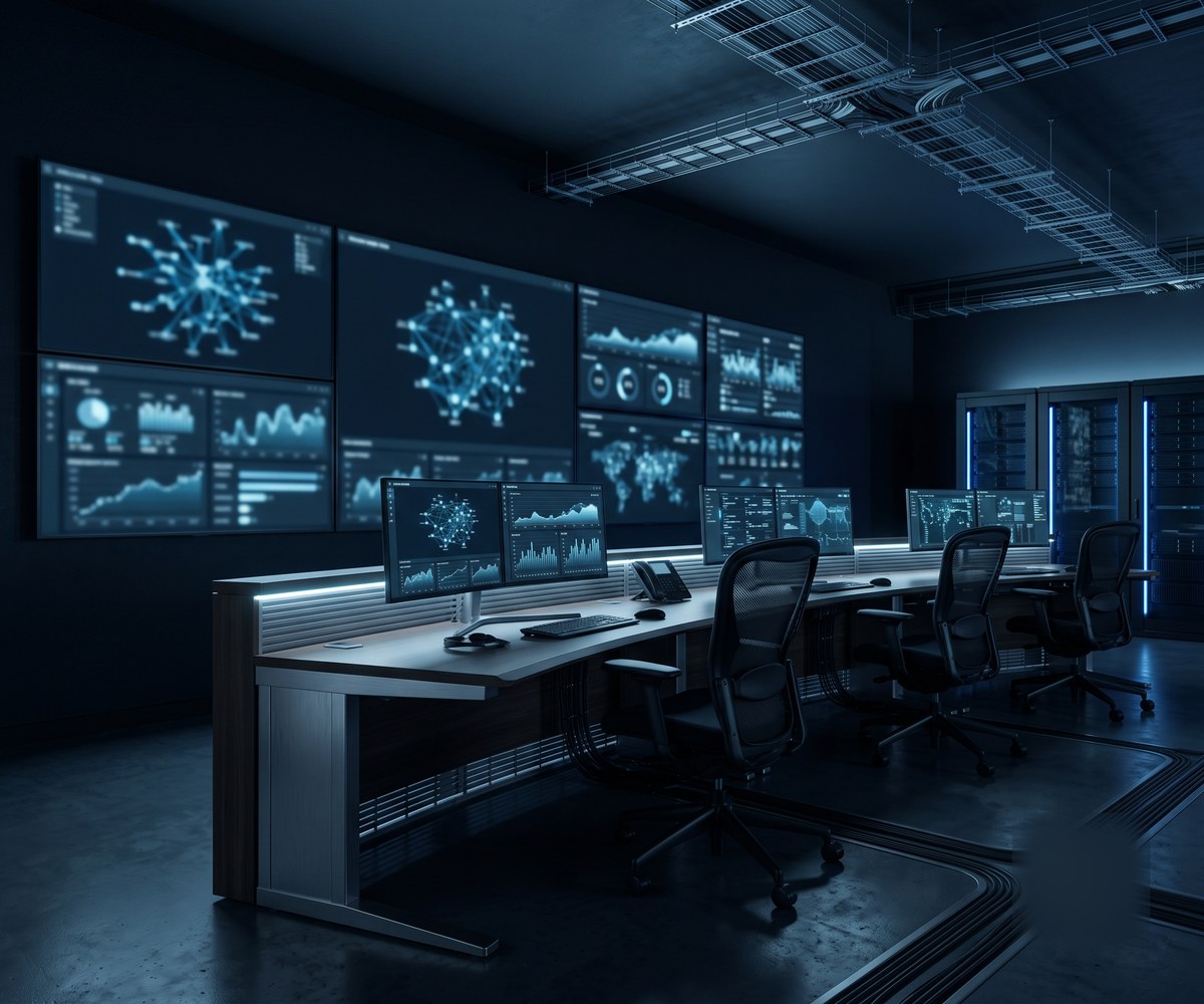 Network operations centre with monitoring displays