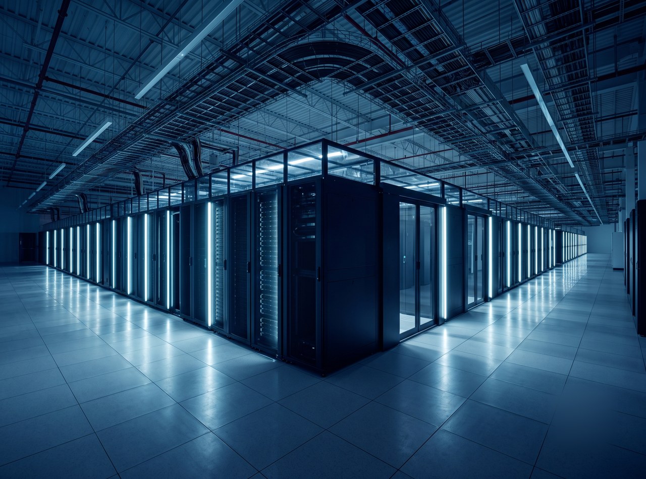 Data hall with rows of server cabinets in cold aisle containment