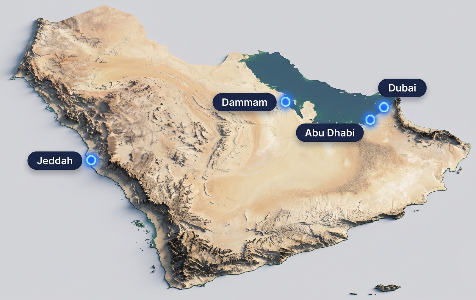 Gulf Data Hub data centre locations across Saudi Arabia and the UAE: Jeddah, Dammam, Abu Dhabi and Dubai