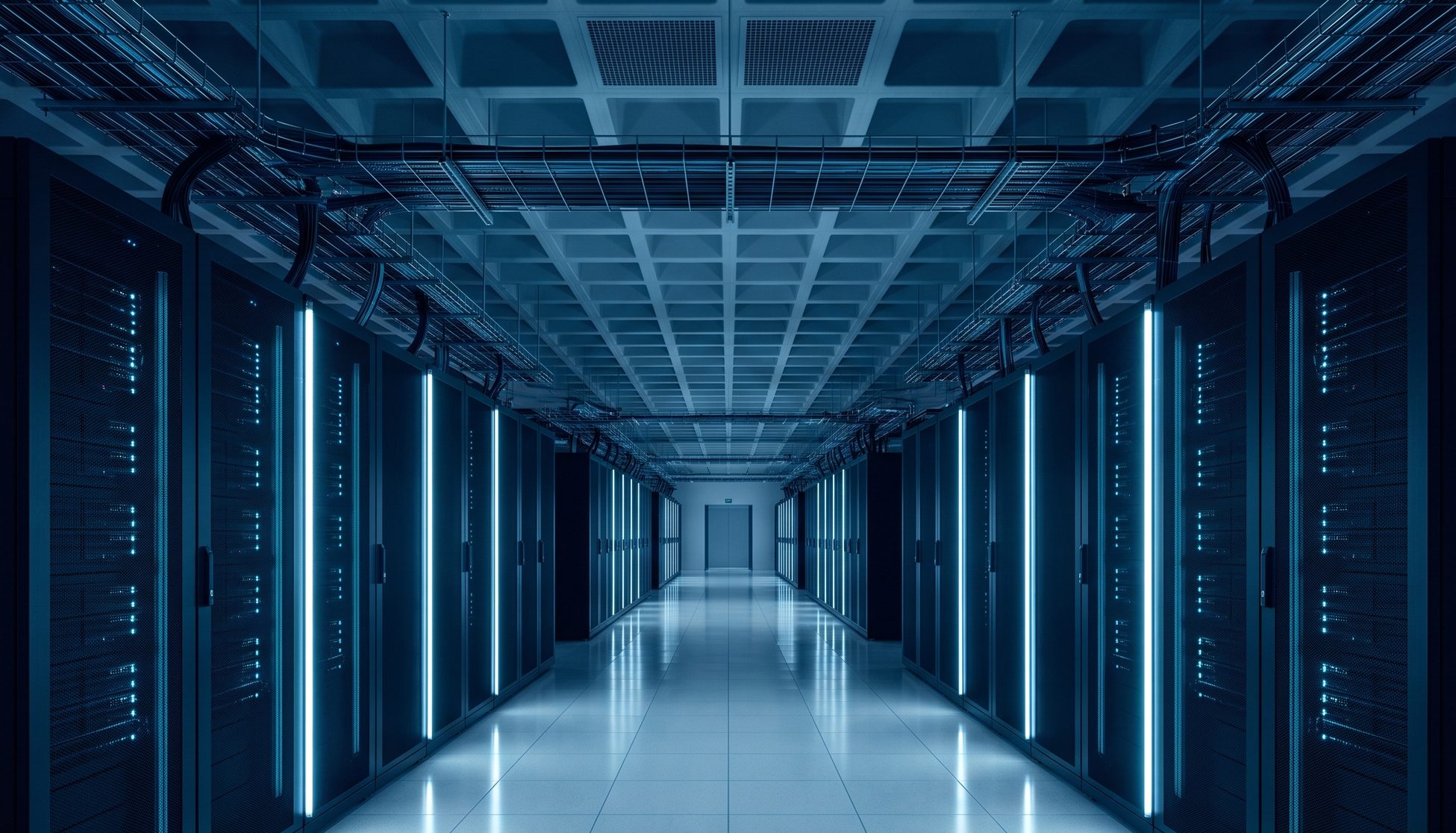 Long symmetrical data centre corridor lined with server cabinets